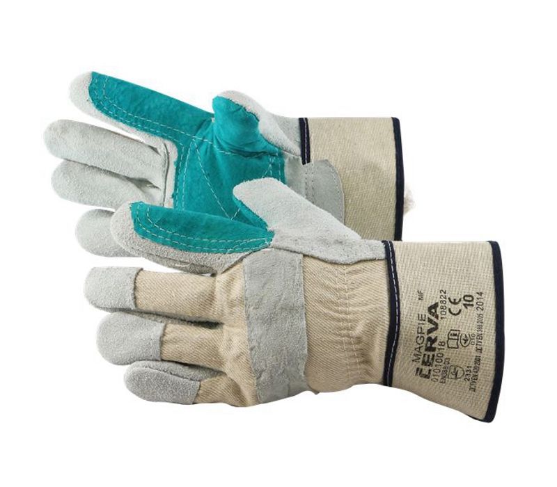 green leather reinforced double palm gloves